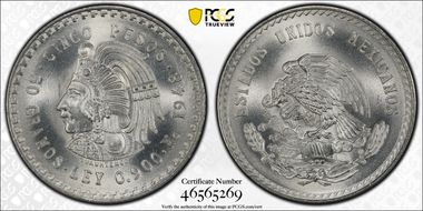 1948-Mo 5 Peso Cuauhtemoc KM-465  Ag MS67