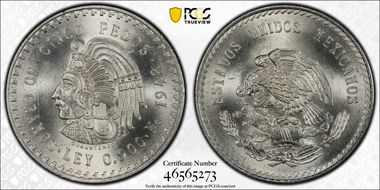 1948-Mo 5 Peso Cuauhtemoc KM-465  Ag MS66