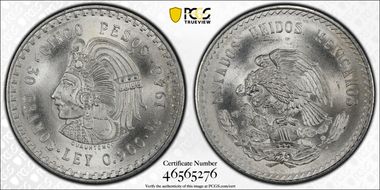 1948-Mo 5 Peso Cuauhtemoc KM-465  Ag MS66