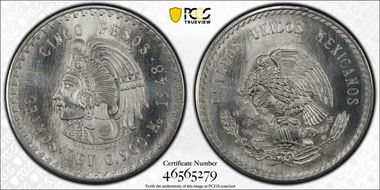 1948-Mo 5 Peso Cuauhtemoc KM-465  Ag MS67