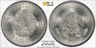 1948-Mo 5 Peso Cuauhtemoc KM-465  Ag MS65