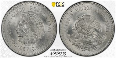1947-Mo 5 Peso Cuauhtemoc KM-465 Ag MS66