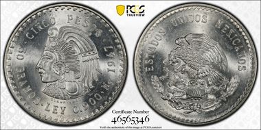 1947-Mo 5 Peso Cuauhtemoc KM-465 Ag MS64
