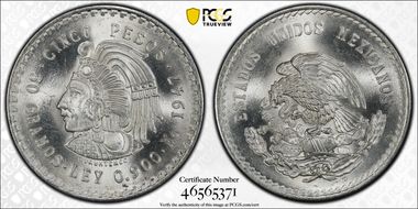 1947-Mo 5 Peso Cuauhtemoc KM-465 Ag MS66