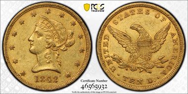 1842 $10 Large Date AU50