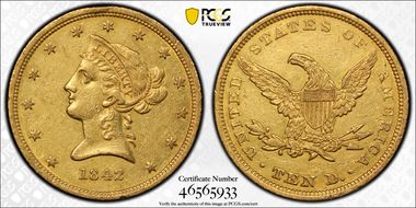 1842 $10 Small Date AU53