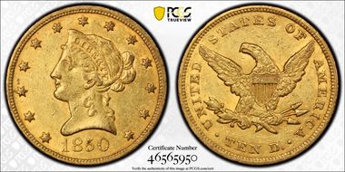 1850 $10 Large Date AU53