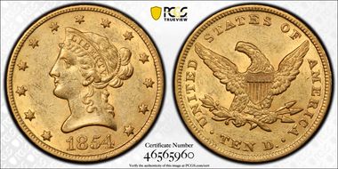 1854 $10 AU58