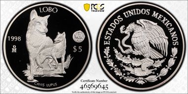1998-Mo 5 Peso World Wildlife Fund - Lobo PR69DCAM