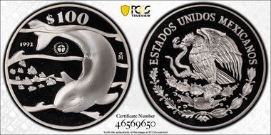 1992-Mo 100 P Vaquita Porpoise KM-566  Ag PR69DCAM