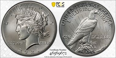 2021 $1 Peace Dollar 100th Anniversary MS70