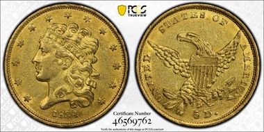 1834 $5 Classic Head, Plain 4 AU53