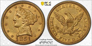 1851 $5 AU58+ 
