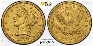 1872-S $5 AU58