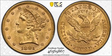 1891 $5 MS64+