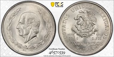 1954-Mo 5 Peso Hidalgo KM-467  Ag MS65