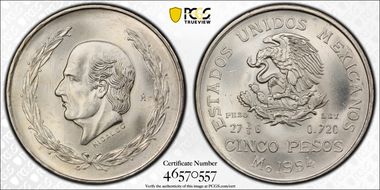1954-Mo 5 Peso Hidalgo KM-467  Ag MS66