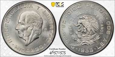 1955-Mo 10 Peso Hidalgo KM-474  Ag MS65