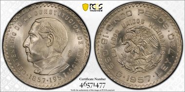 1957-Mo 5 Peso Constitution KM-470  Ag MS66