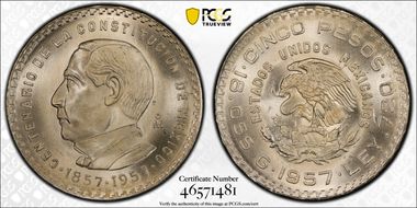 1957-Mo 5 Peso Constitution KM-470  Ag MS67