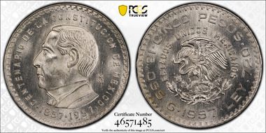 1957-Mo 5 Peso Constitution KM-470  Ag MS67