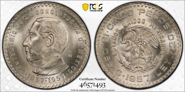 1957-Mo 5 Peso Constitution KM-470  Ag MS66