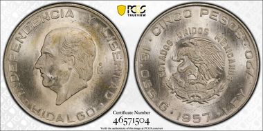 1957-Mo 5 Peso Hidalgo KM-469  Ag MS66