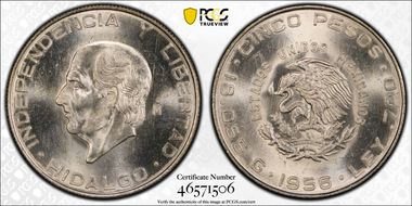 1956-Mo 5 Peso Hidalgo KM-469  Ag MS66