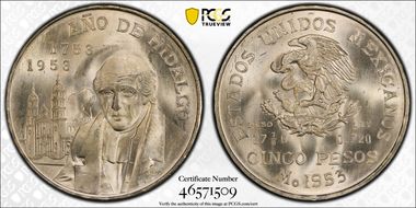1953-Mo 5 Peso Hidalgo KM-468  Ag MS66