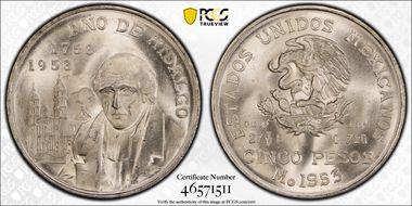 1953-Mo 5 Peso Hidalgo KM-468  Ag MS65