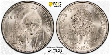 1953-Mo 5 Peso Hidalgo KM-468  Ag MS65