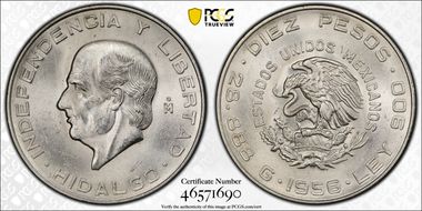 1956-Mo 10 Peso Hildago KM-474  Ag MS64