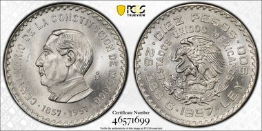 1957-Mo 10 Peso Constitution KM-475  Ag MS66