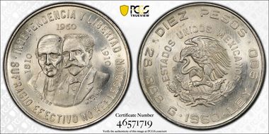 1960-Mo 10 Peso 150th Anniversary KM-476  Ag MS65