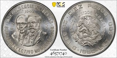 1960-Mo 10 Peso 150th Anniversary KM-476  Ag MS64