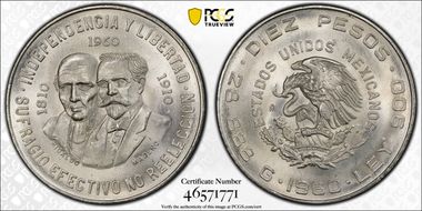 1960-Mo 10 Peso 150th Anniversary KM-476  Ag MS66