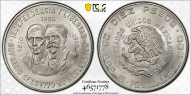 1960-Mo 10 Peso 150th Anniversary KM-476  Ag MS66
