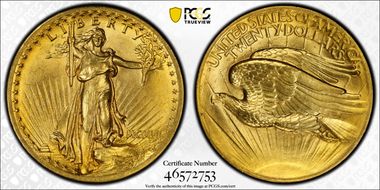 1907 $20 High Relief, Flat Edge MS65