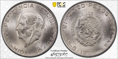 1957-Mo 5 Peso Hidalgo KM-469  Ag MS66