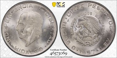 1957-Mo 5 Peso Hidalgo KM-469  Ag MS66