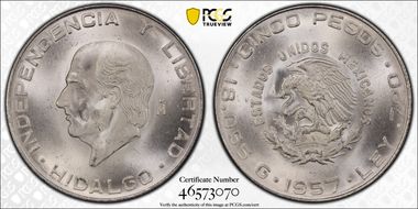 1957-Mo 5 Peso Hidalgo KM-469  Ag MS66