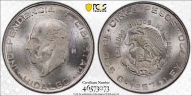 1957-Mo 5 Peso Hidalgo KM-469  Ag MS66