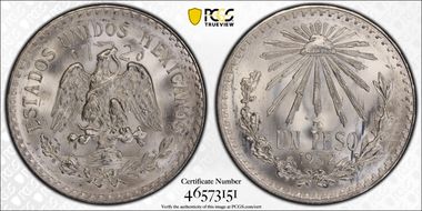 1932-M Peso KM-455  Ag Open 9 MS67