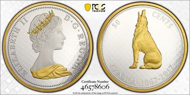 2017 50C 1967 Wolf Partial Gilt Canada's 150th Ann. 5oz Ag PR69DCAM