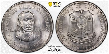 1964 Peso Apolinario Mabini KM-194  Ag MS64