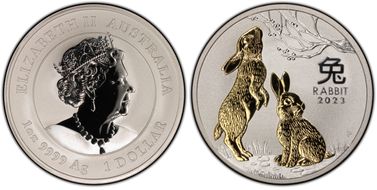 2023-P $1 Year of the Rabbit Ag Selective Gilt First Strike MS70