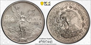 1921-Mo 2 Peso Centennial, 9 Tail F. KM-462  Ag AU55