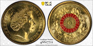 2015 $2 Lest We Forget Colorized Poppy Counterstamp MS65