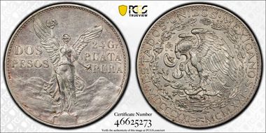 1921-Mo 2 Peso Centennial, 9 Tail F. KM-462  Ag AU53