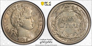 1916-S 10C Barber AU53